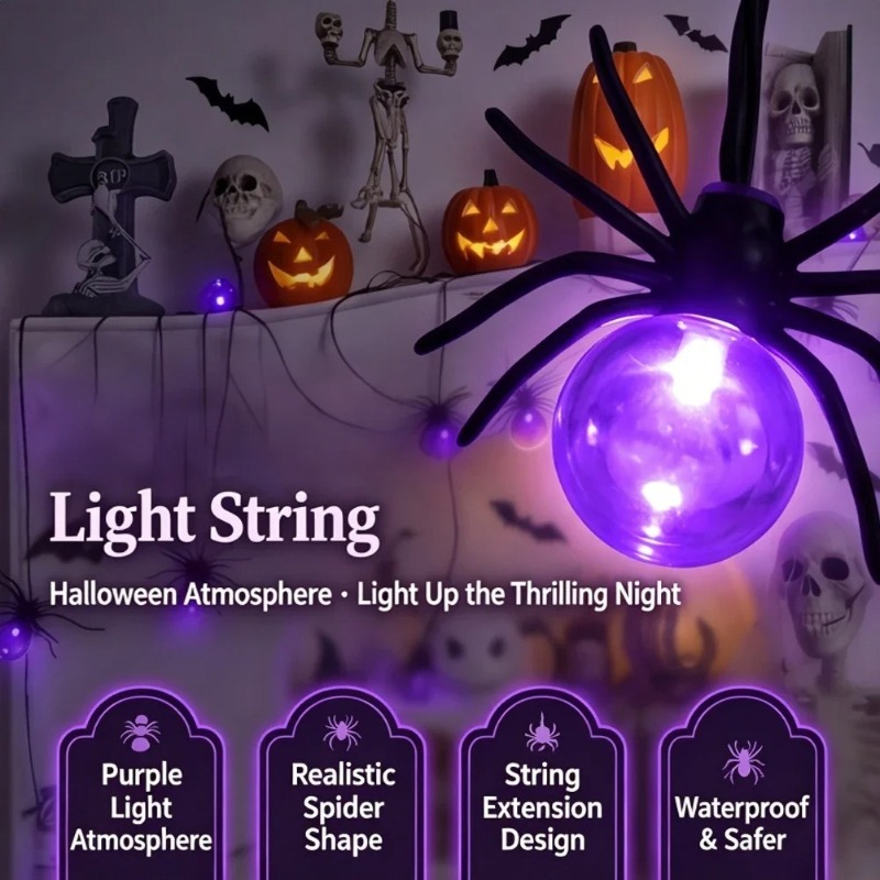 Outdoor Lighting Garden - ไฟสาย LED รูปแมงมุมใช้พลังงานจากแบตเตอรี่ สำหรับตกแต่งกลางแจ้งในวันฮาโลวีน งานปาร์ตี้ในสวนหรือสนามหญ้า