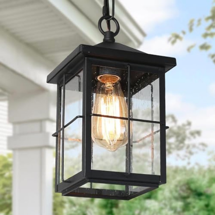 Outdoor Lighting Black - โคมไฟแขวนกลางแจ้ง, โคมไฟเพดานสไตล์ฟาร์มเฮาส์สีดำกันสนิมพร้อมกระจกฝ้า, โคมไฟแขวนทรงสี่เหลี่ยมสำหรับภายนอก