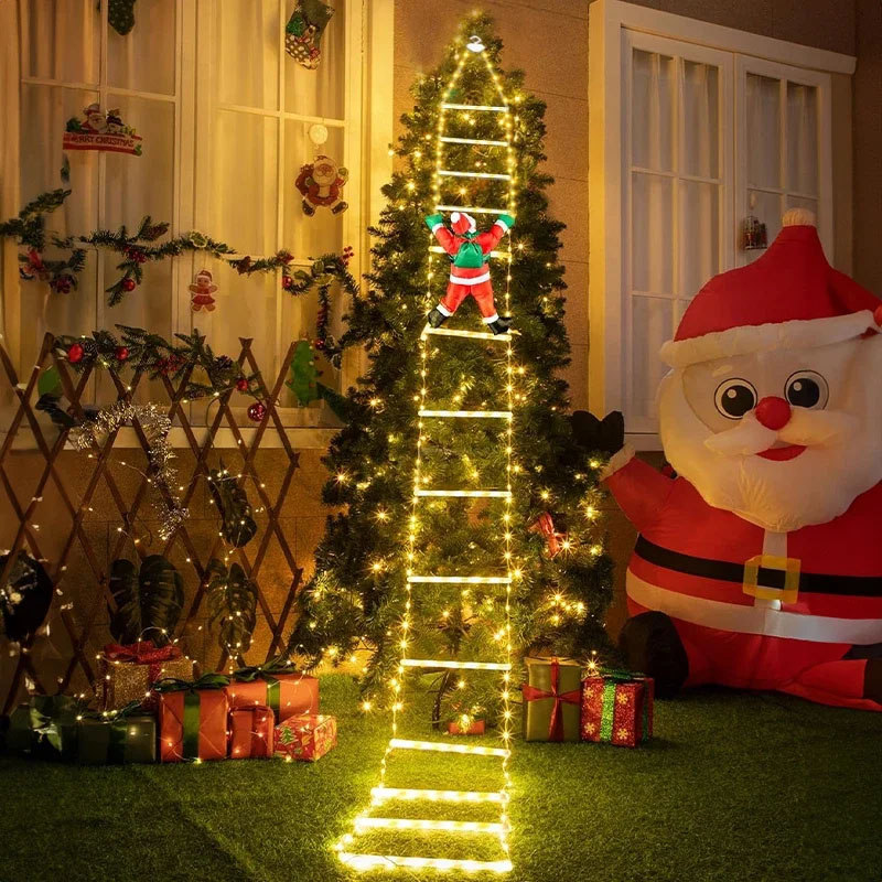 Outdoor Lighting Garden - ไฟคริสต์มาส LED สายไฟตกแต่งบันไดพร้อมซานตาคลอส สำหรับตกแต่งภายในและภายนอก หน้าต่าง สวน