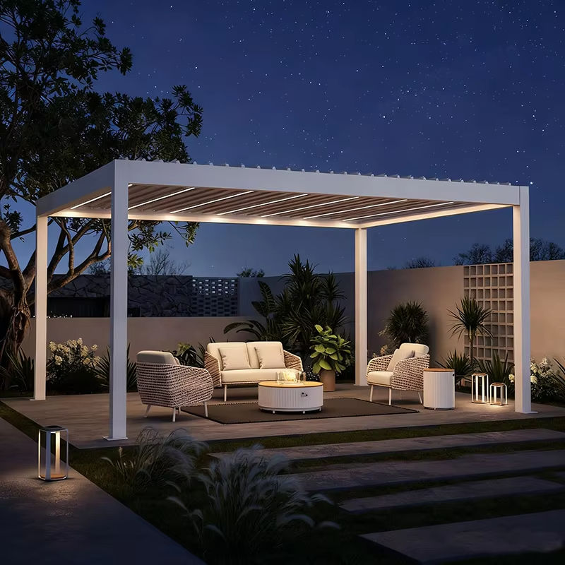 Outdoor Lighting Garden - ศาลาพักผ่อนกลางแจ้งกันสนิมอย่างดี พร้อมไฟ LED และม่านปรับได้ กันฝน ศาลาทรงสี่เหลี่ยมสำหรับสวน
