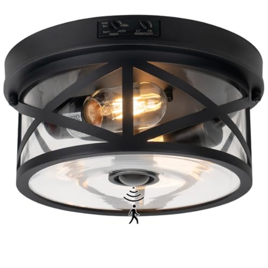 Outdoor Lighting Black - ไฟเพดานกลางแจ้งแบบมีเซ็นเซอร์ตรวจจับความเคลื่อนไหว, โคมไฟติดเพดานแบบปรับได้สีดำ, ไฟระเบียงกลางแจ้ง 2 ดวง, กระจกใส