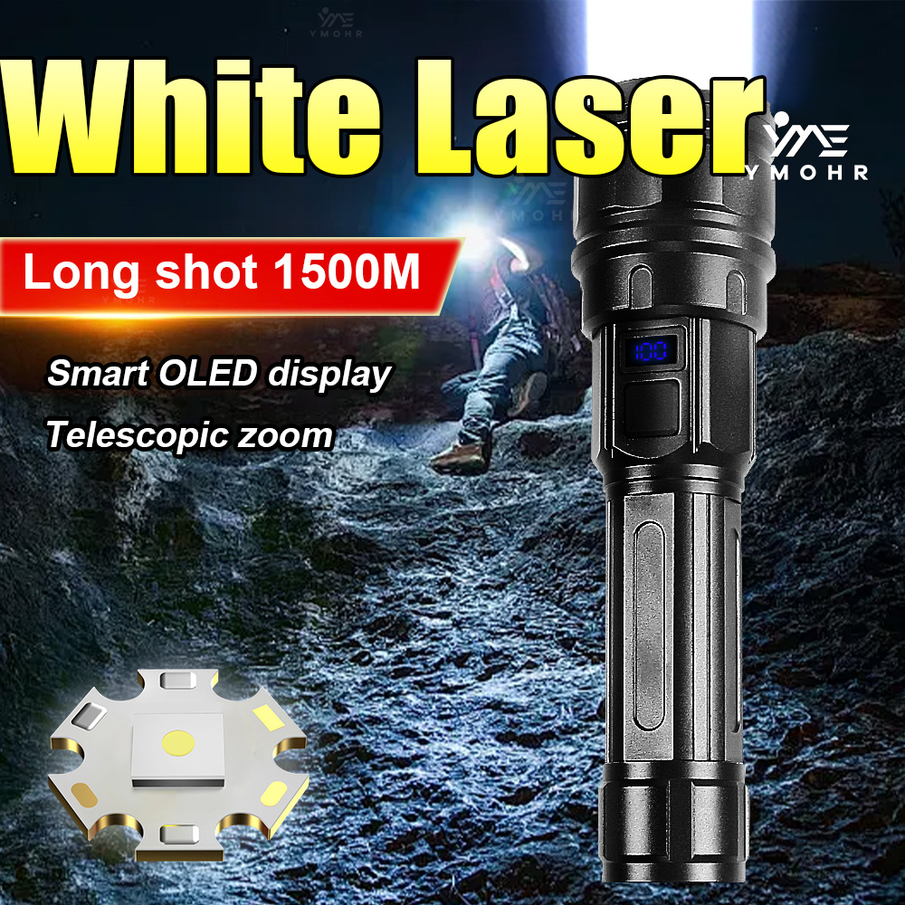 Outdoor Lighting Black - ไฟฉายเลเซอร์สีขาวกำลังสูงแบบชาร์จไฟได้ ซูมได้ ความสว่างสูงพิเศษ ใช้ได้ระยะไกล เหมาะสำหรับกิจกรรมกลางแจ้ง ฉุกเฉิน